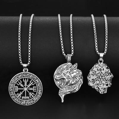 Norse Viking Necklace Vegvisir Symbol Compass Wolf Head Raven Hammer Pendant Vintage Stainless Steel Jewelry for Men Women