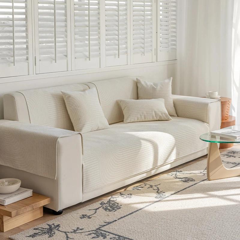 Cream Wind Sofa Cover Chenille Couch Pad Solid Color Living Room Sofa Cushion Non-Slip Line Pattern Sofa Cushion Home Dust Mat