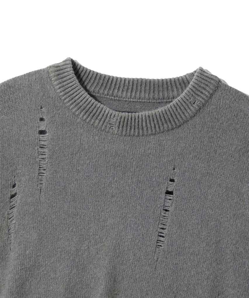 ULKIN Traditionally Dyeing Persimmon, Ink Damaged Round Neck Knit_Gray