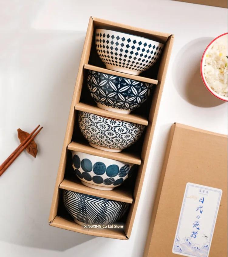 4.5 inch Japanese ceramic bowl, kitchen utensils, soup bowl, printed pattern gift box, 5 pieces ceramic bowl bowl set ramen bowl