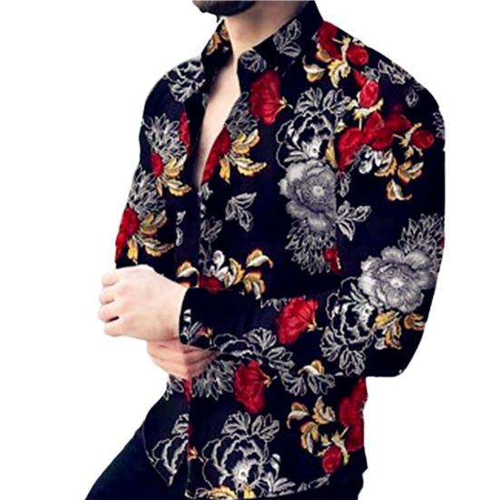 Eye-catching Men Shirt Fine Workmanship Polyester Long Sleeve Flower Pattern Men Shirt Top for Daily