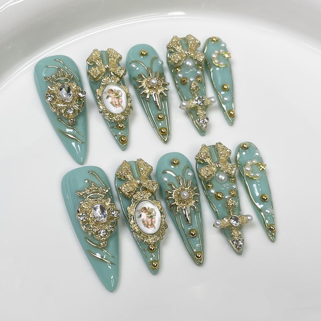 10Pcs Luxury Retro Religious Long Stiletto Nail Art Stickers Cross Angel Handmade Wearable Acrylic Fake Nails For Women
