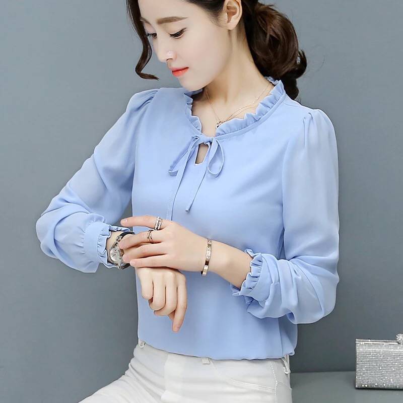 Autumn Loose Plus Size Bow Chiffon Shirt Women's Long Sleeved Solid Color Shirt Base Top