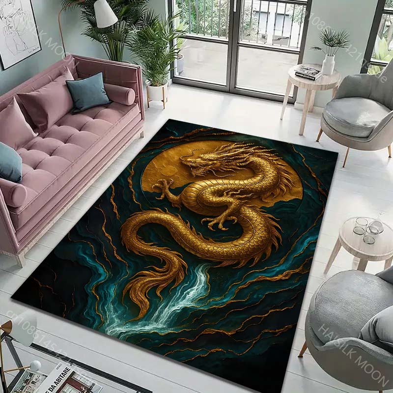 15 Sizes Golden Dragon with Moon Waterfall Print Carpet Rug for Living Room Bedroom Sofa Doormat Home Decor Non-slip Floor Mat