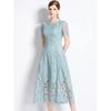 Vintage High End O Neck Short Sleeve Lace Hollow Out Dress Women's Summer Slim Elegant Long Dress Clothing