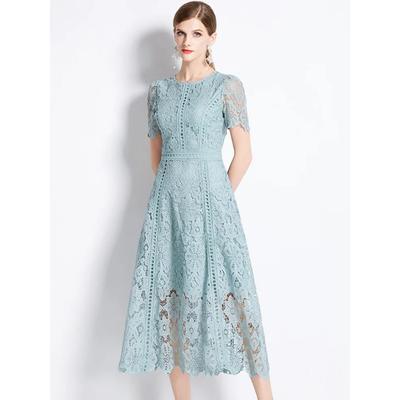 Abito da Donna Estivo Elegante Slim con Scollo a O, Manica Corta, Pizzo Intrecciato, Vintage di Alta Gamma, Abbigliamento
