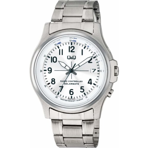 

Citizen Q&Q Men s Analog Watch with Radio Control, Solar Powered, Water Resistant, Date Display, Metal Band, White Dial, Silver (HG18-214)