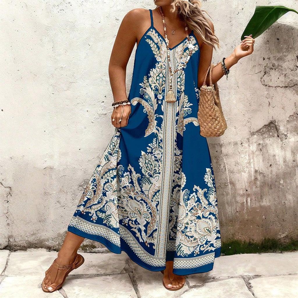 Women's Summer V-neck Bohemian Casual Seaside Vacation Printed Plus Size Sling Dress