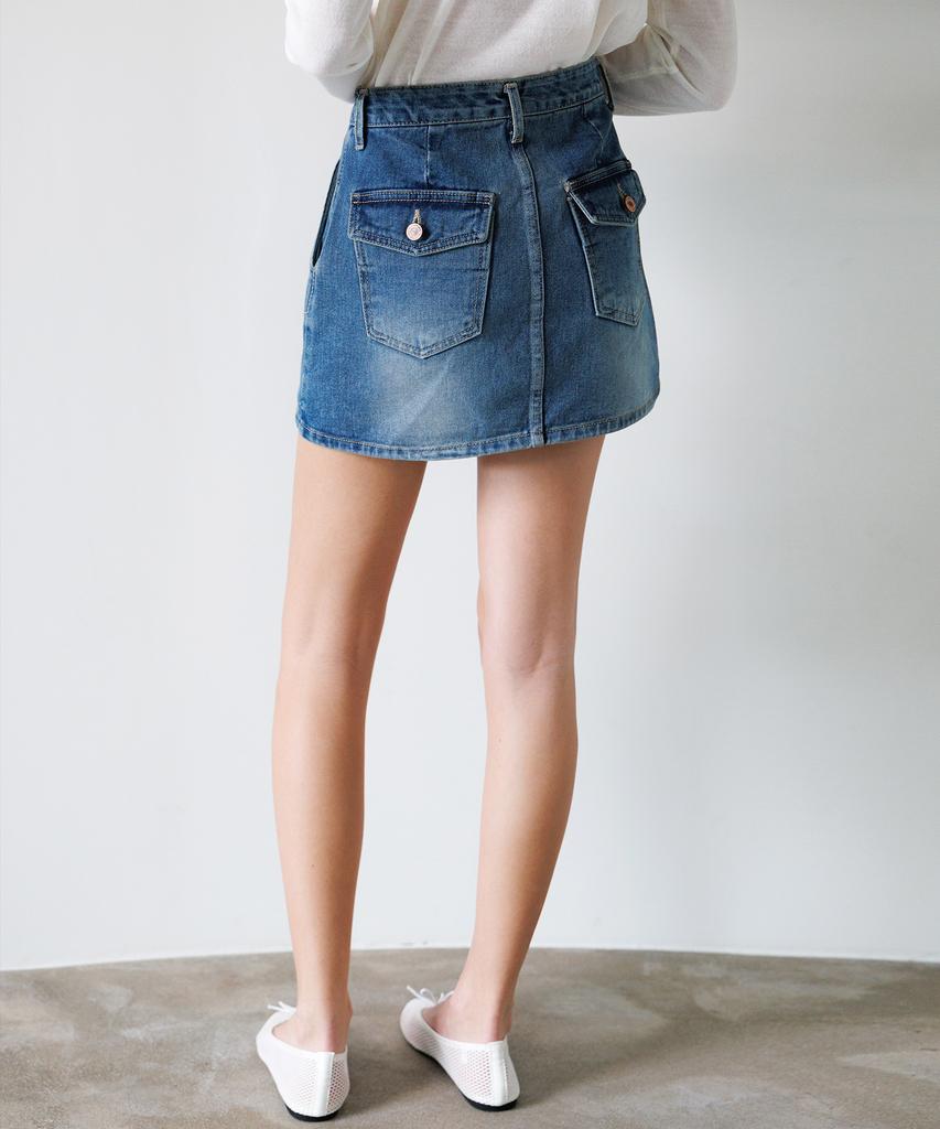 HYFVE Vintage Washed Cotton Denim Pocket Mini Skirt