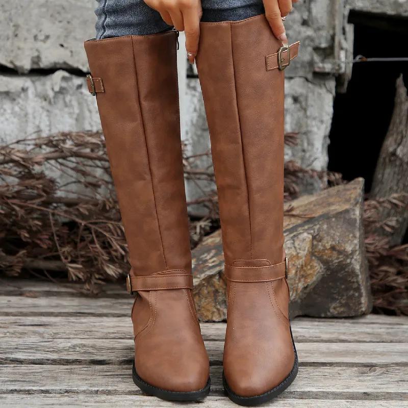 Woman Thick Heeled Long Boots Autumn Winter Pu Leather Mid Calf Boots Woman Fashion Buckle Strap Side Zipper Motorcycle Boots