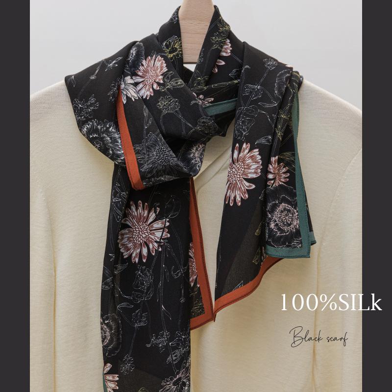 100% silk crepe de chine scarf - summer mulberry silk scarf - fashionable new black