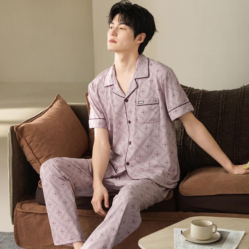 Pajamas Men's Summer Cotton Short Sleeve Pants Set Thin Men's Large Size High-end Fashion Alphabet Homewear