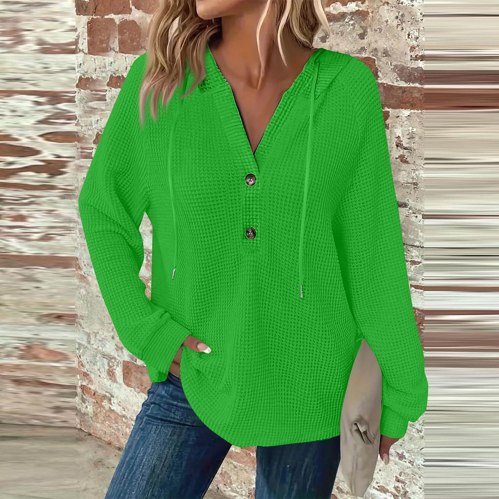 Damenmode, Langarm, Kordelzug, Kapuzenknopf, V-Ausschnitt, lässiges Kapuzen-Sweatshirt