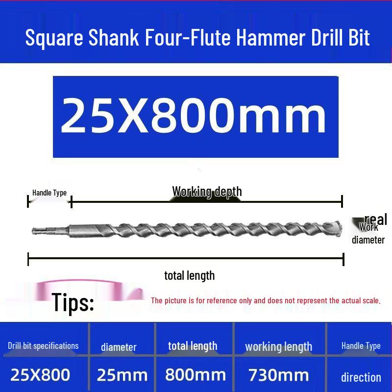 Extended Electric Hammer Drill Bit, Square & Round Shank, for Concrete Piercing - Available in 500mm to 2m Lengths