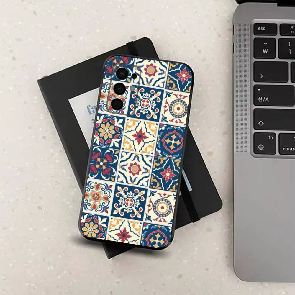 M-Moroccan Tile For Samsung Galaxy A73,31,71,53,32,72,Note,22,41,8,9,52,J7,Soft Black Silicone Cover Case