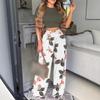 Dames Effen Kleur Crop Top Bloemenprint Wijde Pijpen Broek Set Korte Mouw 2 Delig Casual Outfit