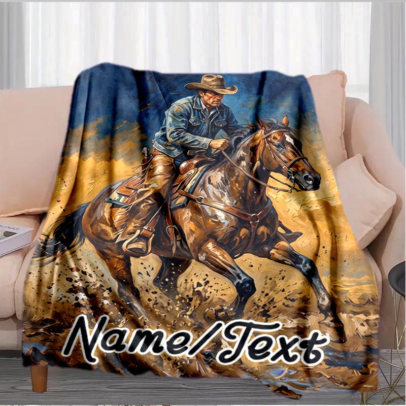 1PC Custom Name Rider Horse Adventure Flannel Blanket Versatile,all-season Throw Suitable for the Living Room,bedroom,camping,travel,and Gift