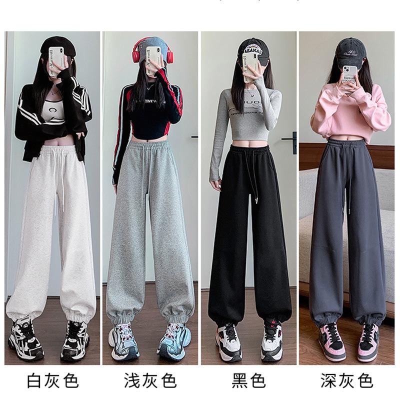 Tie-up Sweatpants Women's Spring and Autumn New Loose Velvet Wide-leg Pants Casual Straight Tooling Sweatpants
