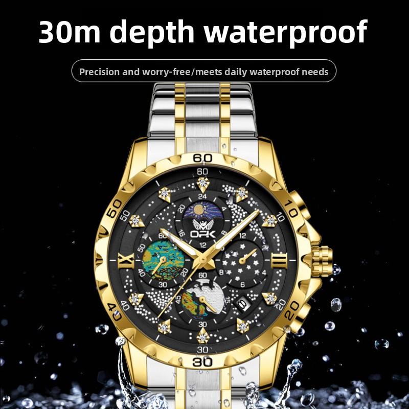 OPK Stainless Steel Waterproof Starry Sky Men's Watch Male Student Luminous Single Calendar Quartz Watch
