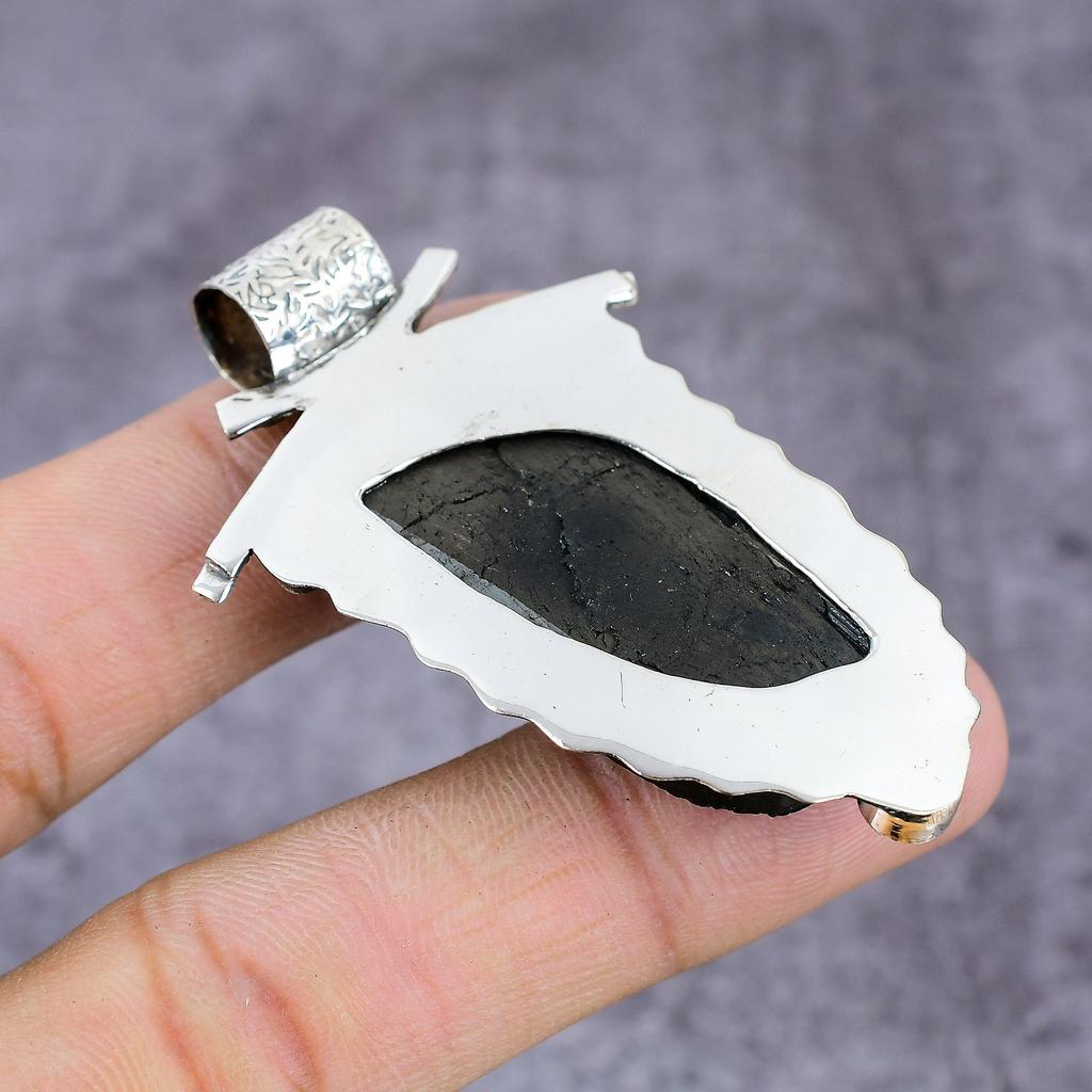 Natural Black Tourmaline, Spinel Gemstone 925 Sterling Silver Pendant 2.28" N8u92