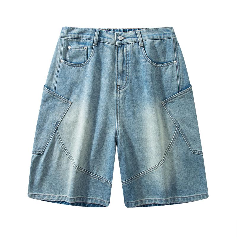 Summer Baggy Denim Shorts Fashion Casual Straight Harajuku Jeans Male Vintage Wash Drawstring Short Pants Streetwear