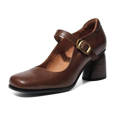 Krazing Pot Cow Skin Square Toe Thick High Heels Summer Shoes Bowtie Big Size 41 Women Shallow Pumps