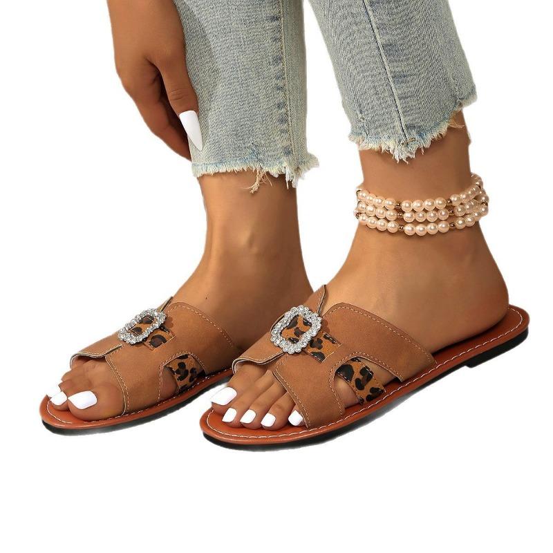 Lipprs flat-bottomed slippers women's summer new outer wear square buckle rhinestone flat-bottomed cool slippers