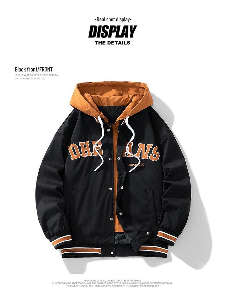 Men's Casual Hooded Jacket - Spring/Autumn 2025 Trendy Embroidered Baseball Style, Fake Two-Piece Design for Couples