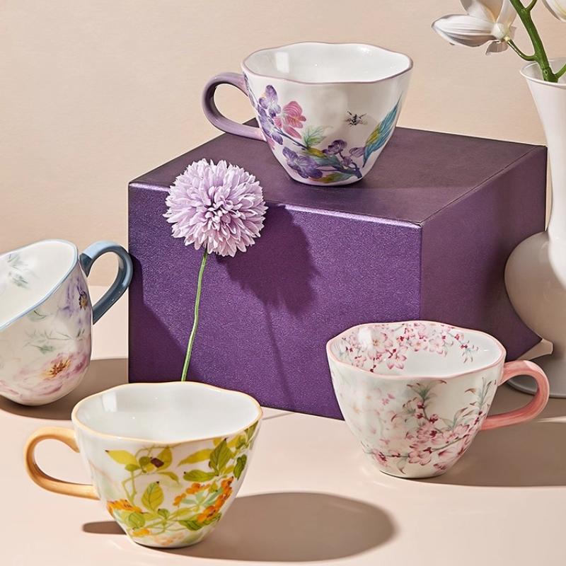 Ceramic Coffee Mug, Premium 350ml Bone China Coffee Tea Hug Mug, Floral Designed Teacup, Breakfast Cup