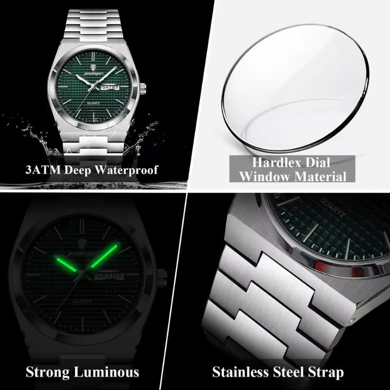 POEDAGAR Luxury Business Men's Quartz Watches Date Week Man Stainless Steel Watch Waterproof Luminous Fashion Wristwatch+Box
