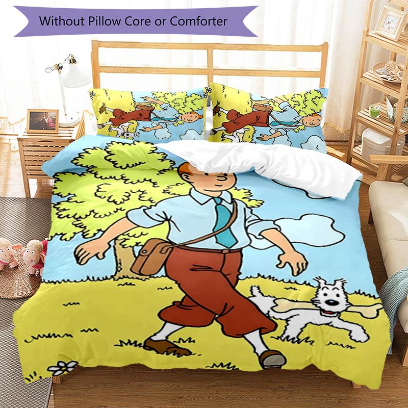 3pcs The Adventures of Tintins Design Cover Set - HD Printed Bedding with 1 Cover and 2 Pillowcases - Perfect for Home and Dorm Decor