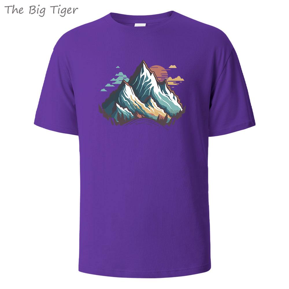 Mountain Printing Basic Cotton Men TShirt Relaxed Fit Round Neck Minimalist Style Unisex Casual Comfortable Top