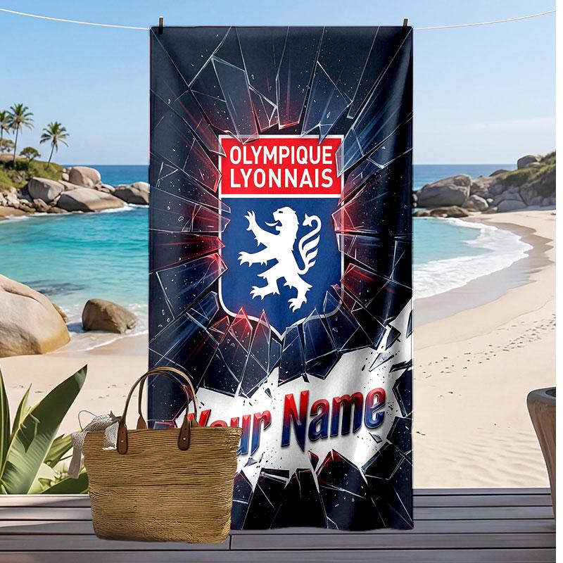 Lyon FC Personalized Printed Beach Towel Soccer Logo Support Custom Name Text Absorbent Towel For Sport Travel Special Gift