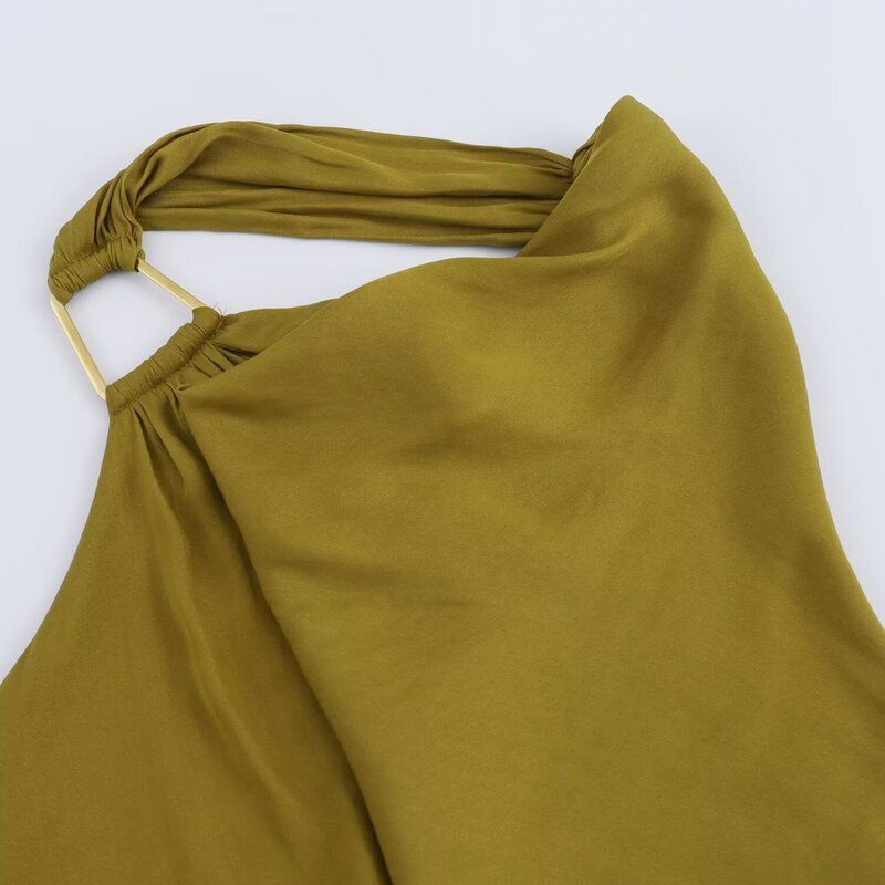 Fashion Style 2024 Autumn New Women's Clothes Hanging Collar Silk Satin Texture Draped Collar Midi Skirt Dress 9878157