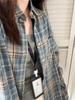 2025 Women's Retro Blue Plaid Shirt Jacket - Loose Fit, Long Sleeve for Spring & Autumn