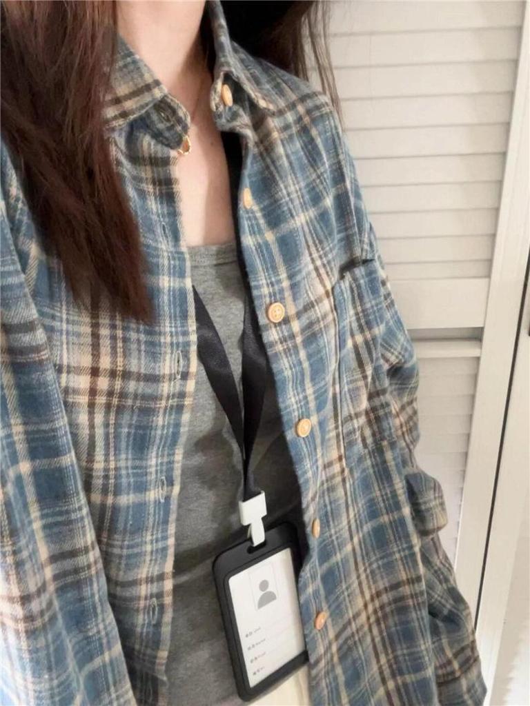 2025 Women's Retro Blue Plaid Shirt Jacket - Loose Fit, Long Sleeve for Spring & Autumn