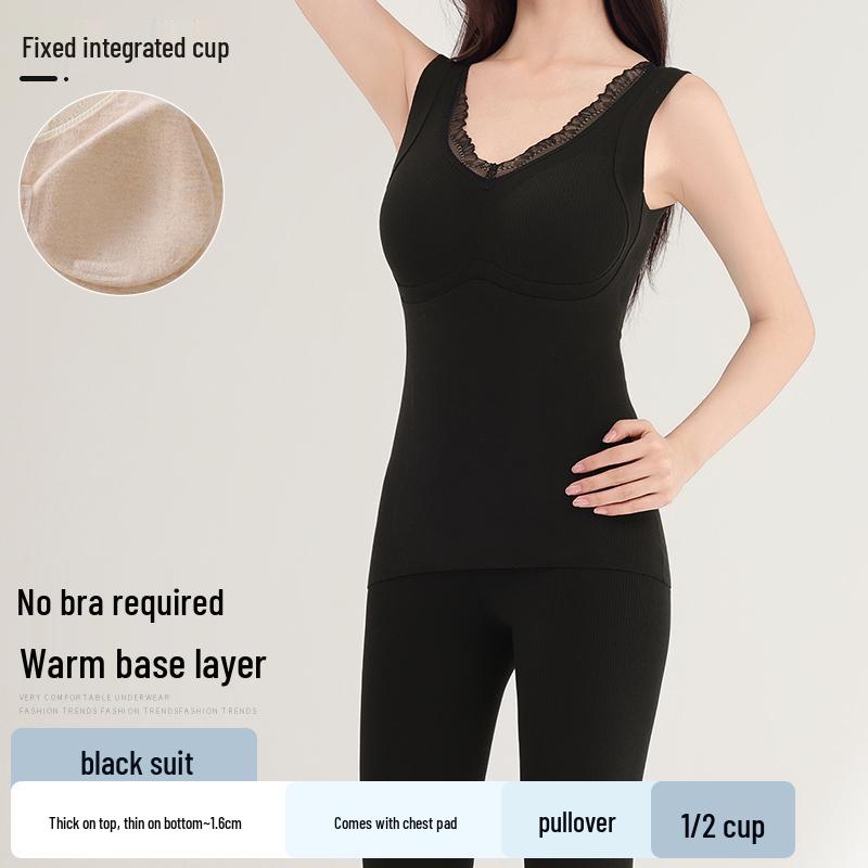 Sentimental Cat Women's Warm Vest with Chest Pads, Cashmere Silk, Enhances Bust, Autumn/Winter Slim Fit Innerwear