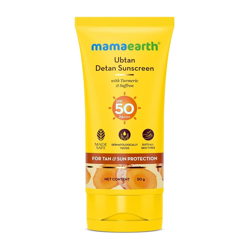 Mamaearth Ubtan Detan Sunscreen SPF 50 PA++++ Non-Greasy Tan Protection for Bright Glowing Skin 50g Lightweight No White Cast