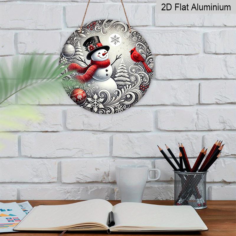 2D Flat, 1pc Winter Round Aluminum Sign, Snowman Round Wall Decor with Red Bird Rustic Metal Wall Art, Festive Metal Wall Art Decor, Wall Decor Signs
