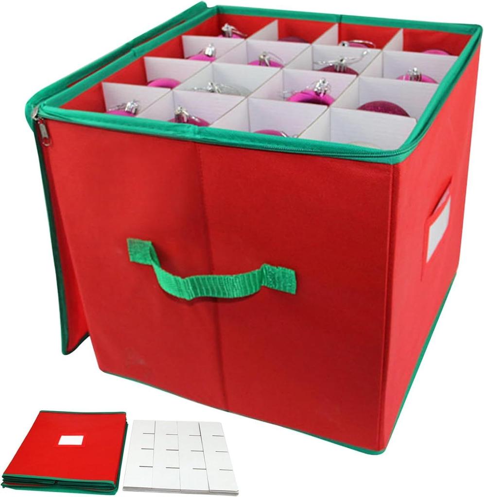 64 Ball Red Christmas Colored Ball Storage Box with Dividers,Holiday Ornaments Storage Container Bin for Xmas Decorations