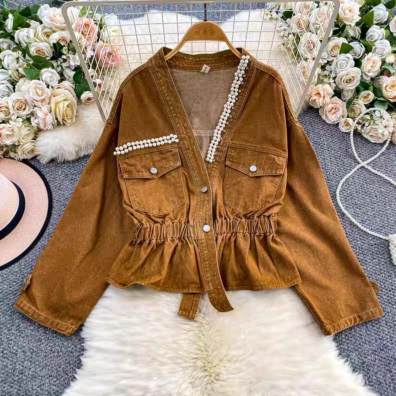 Autumn and Winter New V-neck Korean Version Loose Fashion All-match Beaded Waist Short Denim Jacket Women