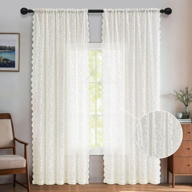 2pcs Semi-sheer Lace Curtains Rod-pocket Gauze Curtain
