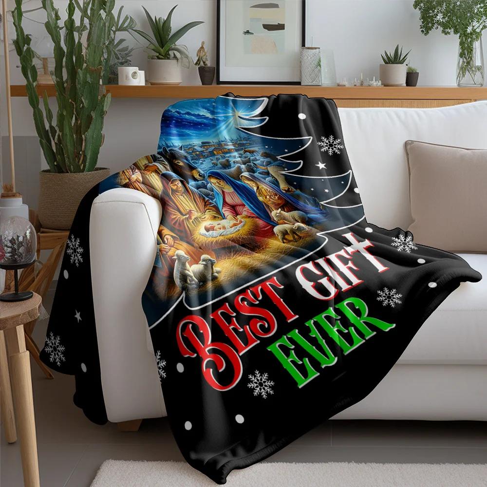 Religious Nativity Scene Fleece Blanket, Christmas Tree with Holy Family Design, Best Gift Ever Text for Meaningful Decor 75cmx90cm