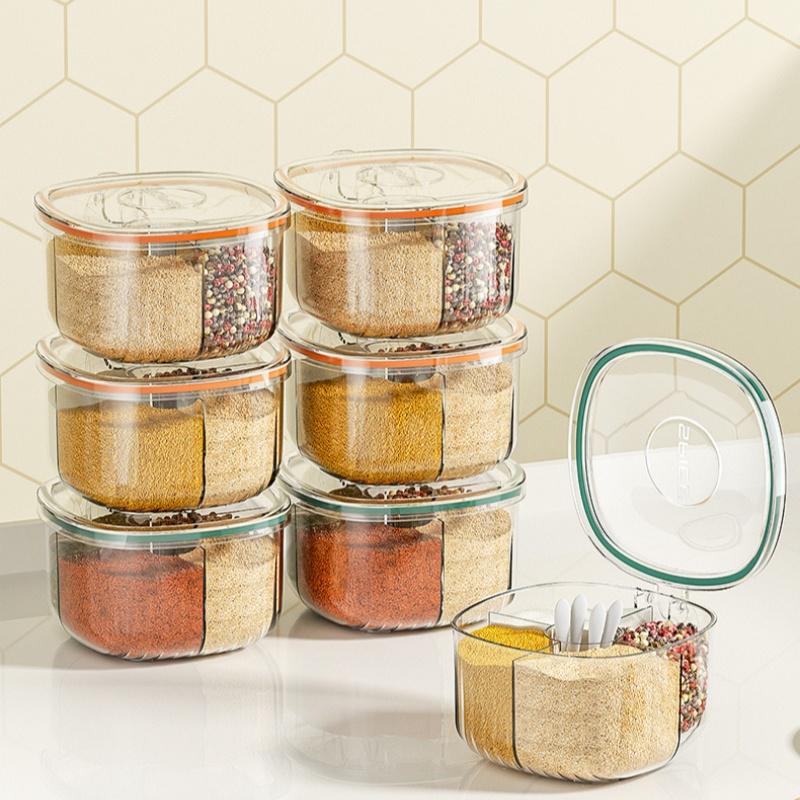 4-compartment Plastic Seasoning Box with Lid Equipped with Spoon Seal Moisture-proof Salt Pepper Spice Storage Kitchen Tools