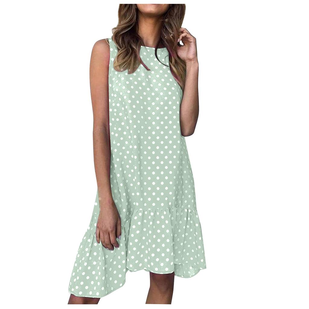 Women's Summer Fashion Casual Dot Print  O-neck Sleeveless Loose Ruffle Stitching A-line Dress