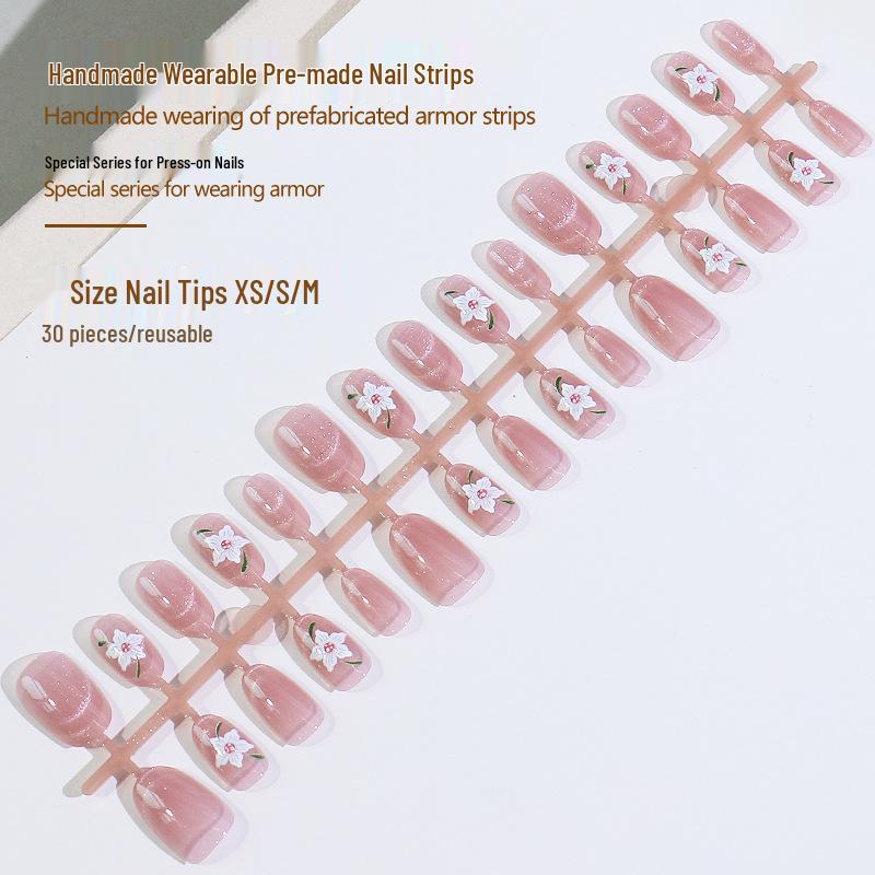 

High-End Cat Eye Flower Manicure: Spring/Summer Wearable Handmade Nail Tips - Bestseller Fake Nails