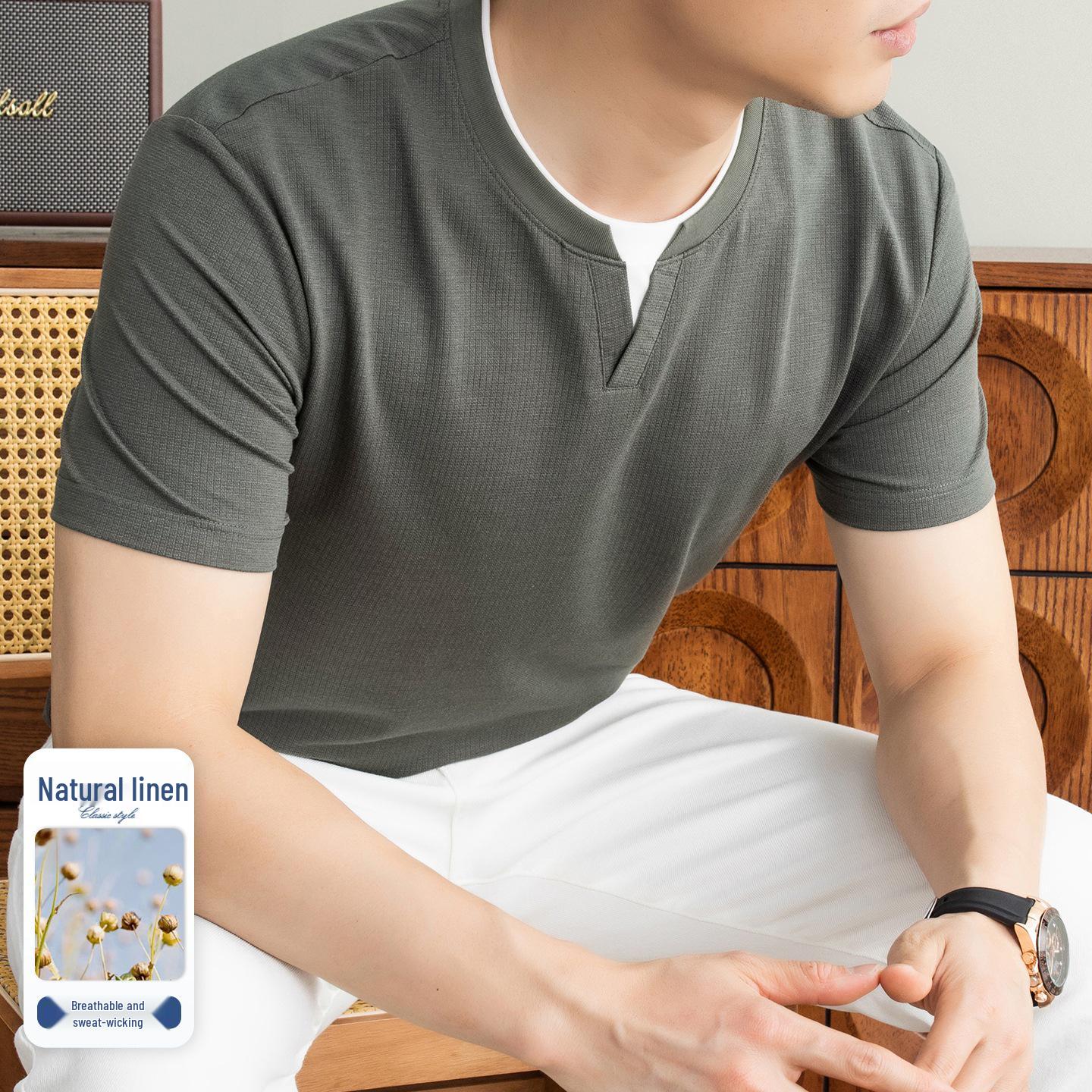 Men s Summer Short Sleeve Tencel Linen T-shirt - Fake Two-Piece, Round Neck, Casual Old Money Style XL армия зеленый