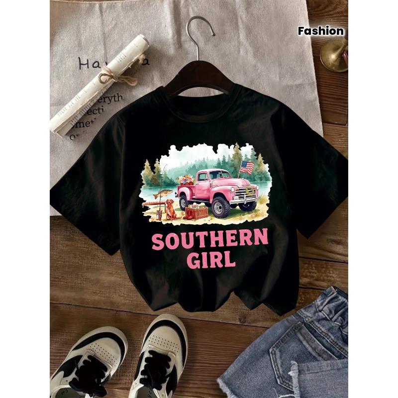 European sizes A Trendy Short-Sleeved T-Shirt for Girls with a Round Neck, Showcasing a Summer-Themed Southern Girl Print 110 чёрный