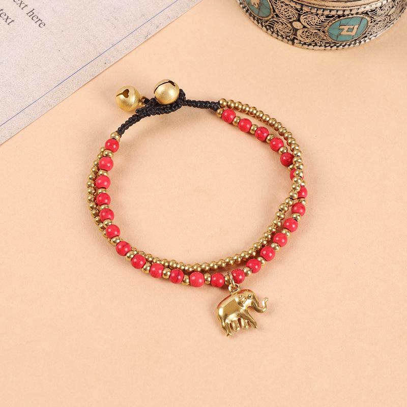Ethnic Hand-Woven Elephant Bracelet: Bohemian Tibetan Style with Vintage Double Beads and Bell Charm for Women
