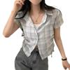 Women's Korean Style Plaid Short-Sleeve Shirt with Gathered Hem and Drawstring for a Youthful Look